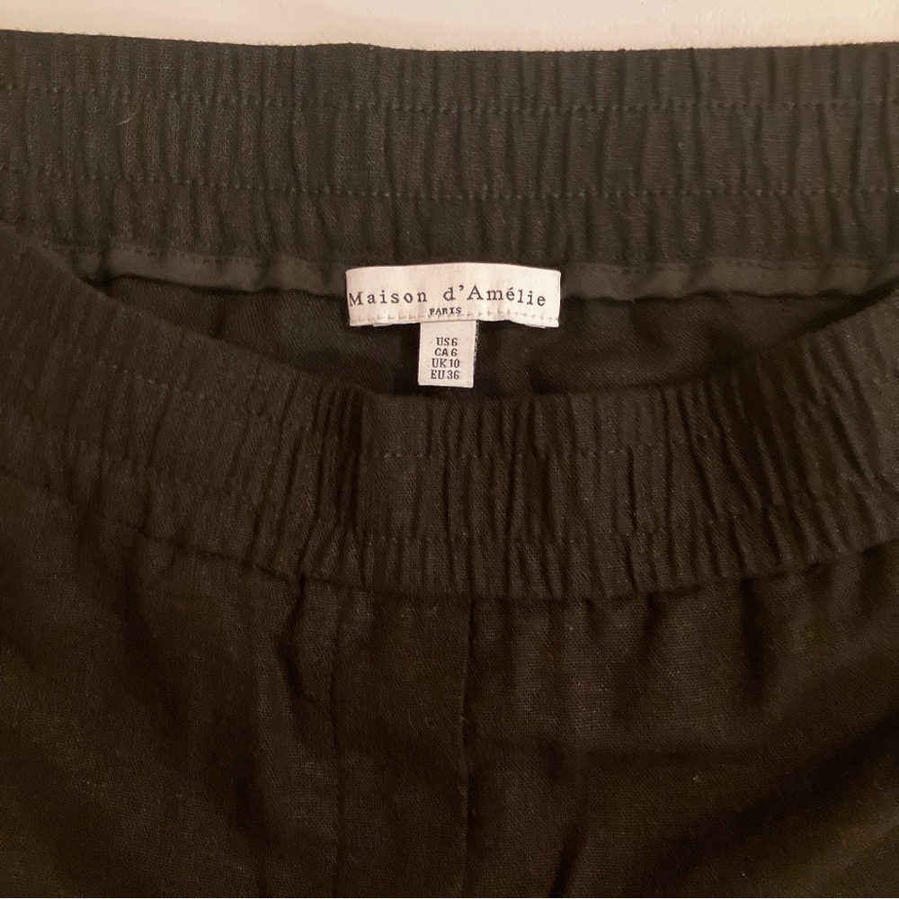 🎀 Maison D’Amelie Wide-Leg High-Rise Embroidered Hem Black Linen Ankle Pants - Picture 5 of 9